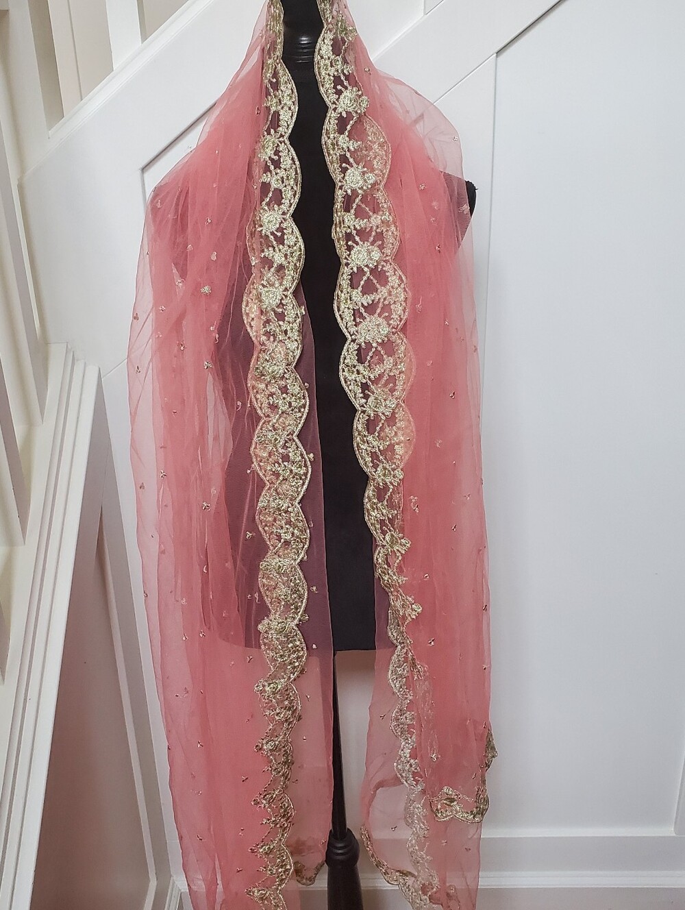 Embellished Pink Sheer Scarf with Gold Trim